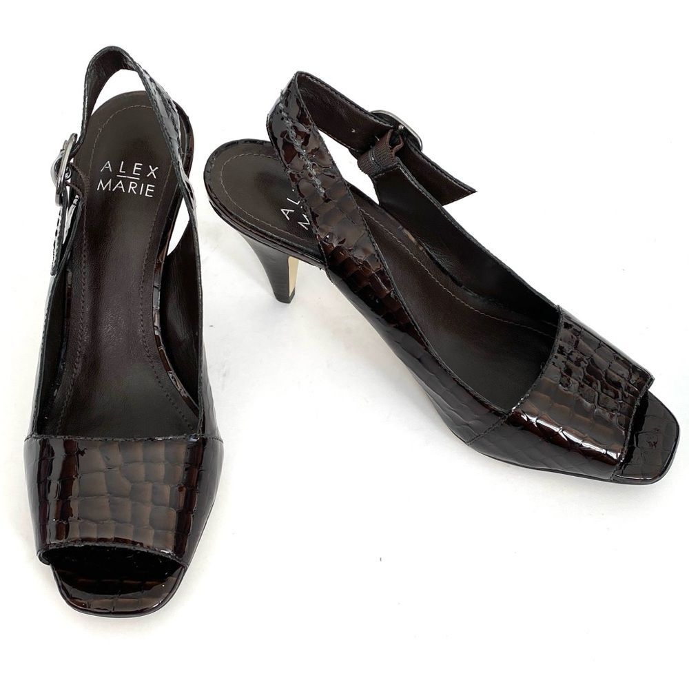 Alex Marie Chocolate Brown Croc Embossed Sandals Peep Toe Kitten Heels Sz 7 Prep